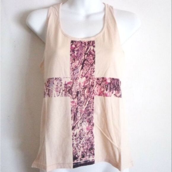 T Squad Cream & Purple Cross Print Cotton Graphic Tank Top in Coffee Size S - Picture 2 of 5